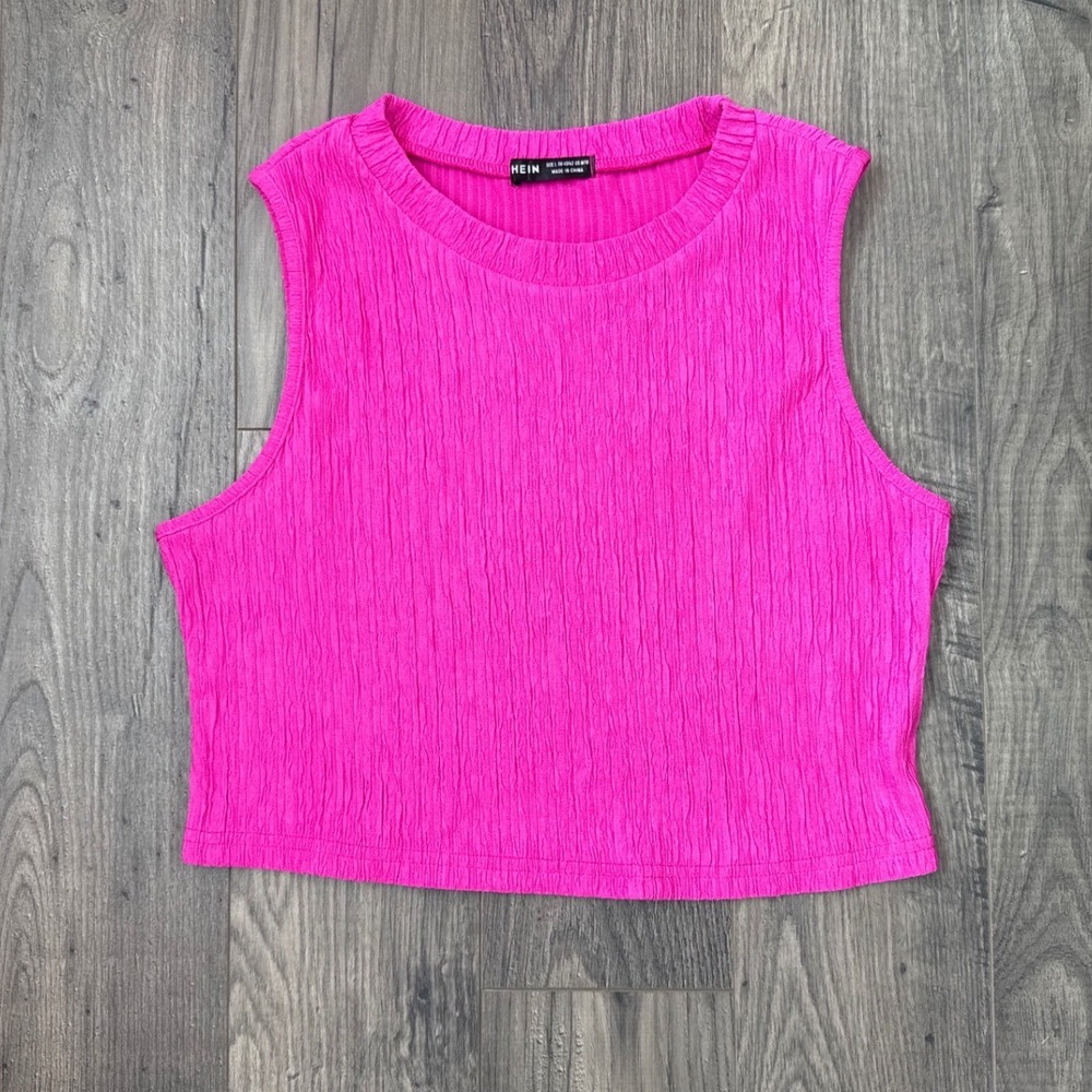SHEIN Hot Pink Crinkle‎ Textured Sleeveless Crew Neck Crop Top Size L Magenta